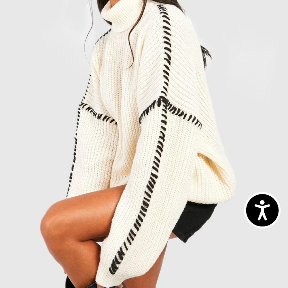 Boohoo Cream Turtleneck Sweater with Black Detailing